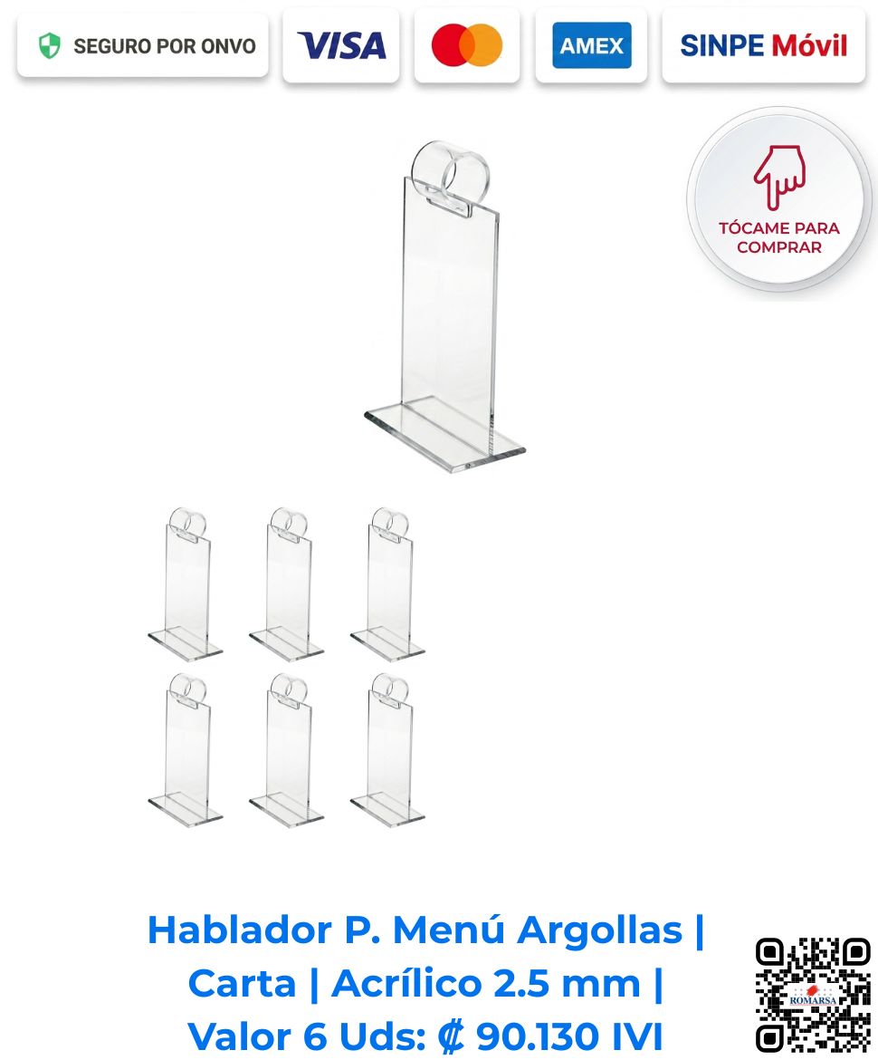 Habladores acrílicos portamenús escritorio mesa argollas carta paquete de 6 unidades | Compra en línea con pago seguro | Romarsa, San José, Costa Rica.