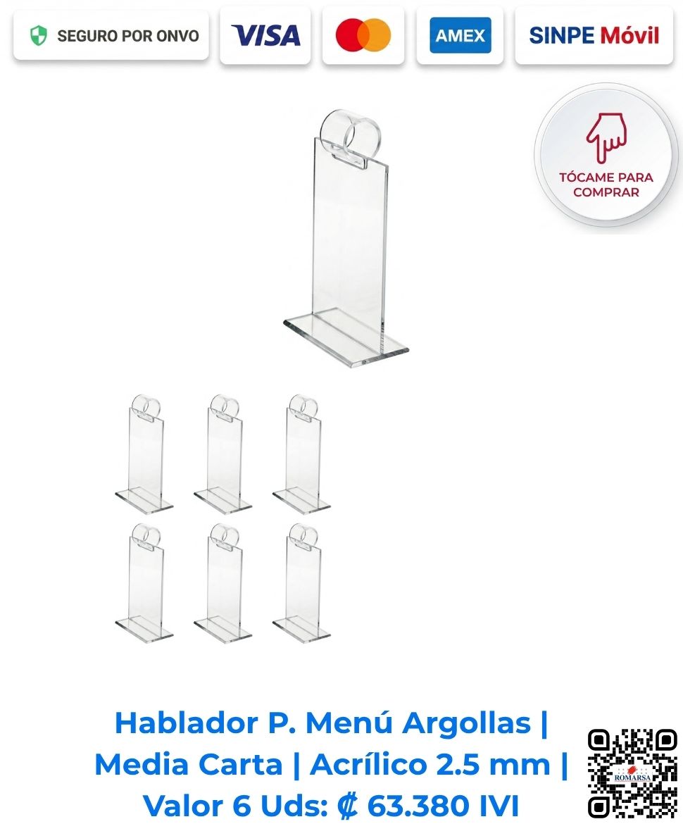 Habladores acrílicos portamenús escritorio mesa argollas media carta paquete de 6 unidades | Compra en línea con pago seguro | Romarsa, San José, Costa Rica.