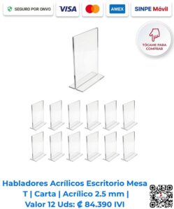 Habladores acrílicos Escritorio Mesa tipo T tamaño carta 22x28 cm en paquete de 12 unidades ideales para avisos y publicidad en escritorios en San José Costa Rica