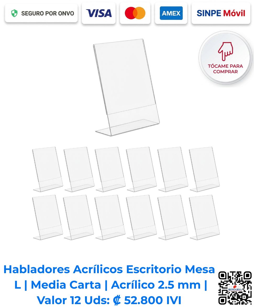 Habladores acrílicos portamenús tipo L media carta en paquete de 12 unidades | Compra en línea con pago seguro | Romarsa, San José, Costa Rica.