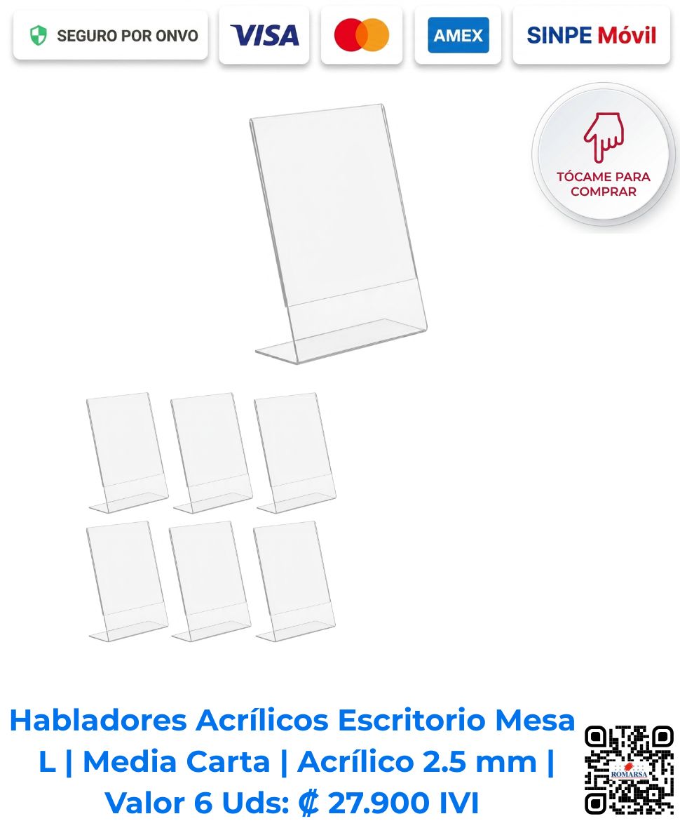 Habladores acrílicos portamenús tipo L media carta en paquete de 6 unidades | Compra en línea con pago seguro | Romarsa, San José, Costa Rica.