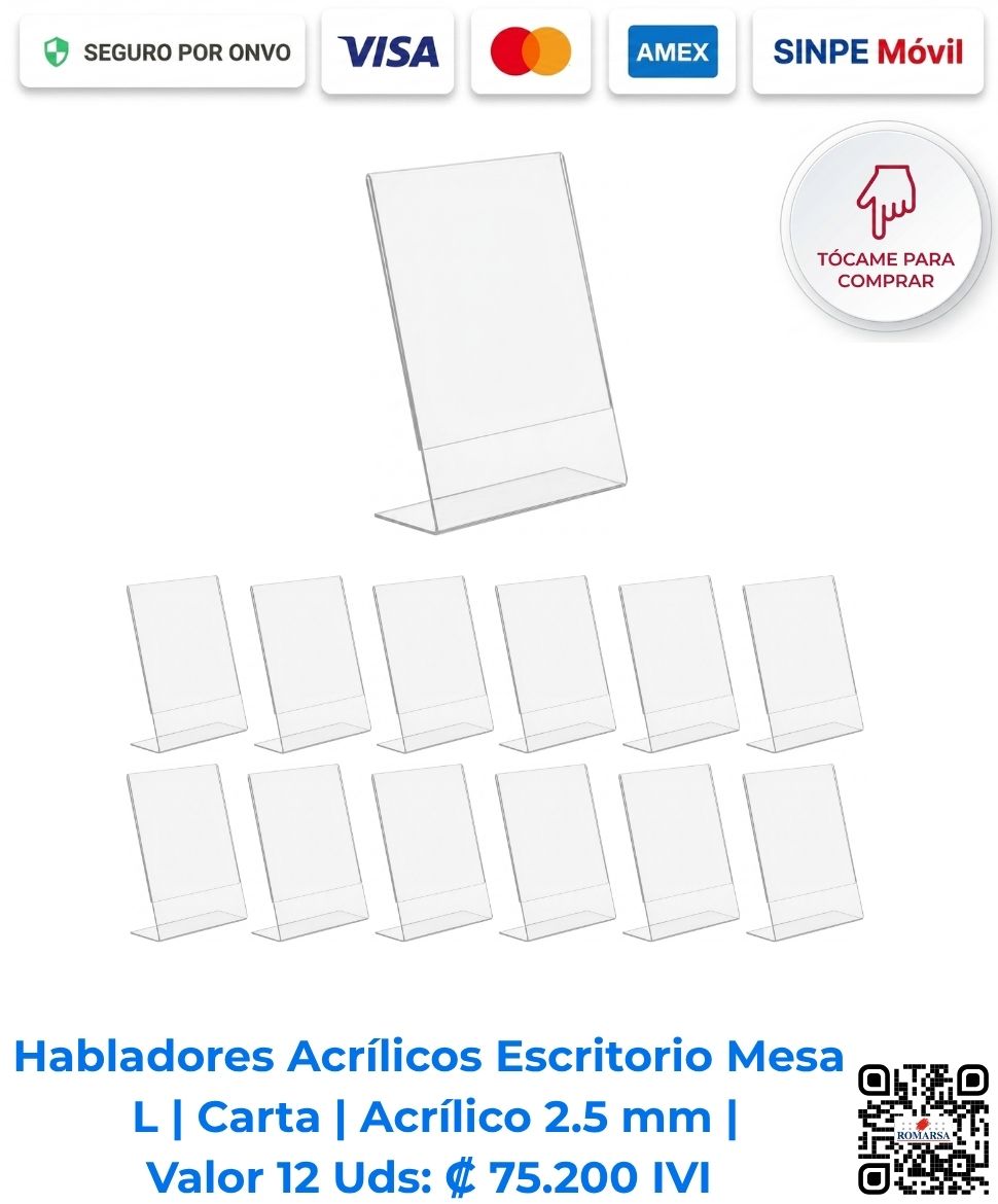 Habladores acrílicos portamenús tipo L carta en paquete de 12 unidades | Compra en línea con pago seguro | Romarsa, San José, Costa Rica.