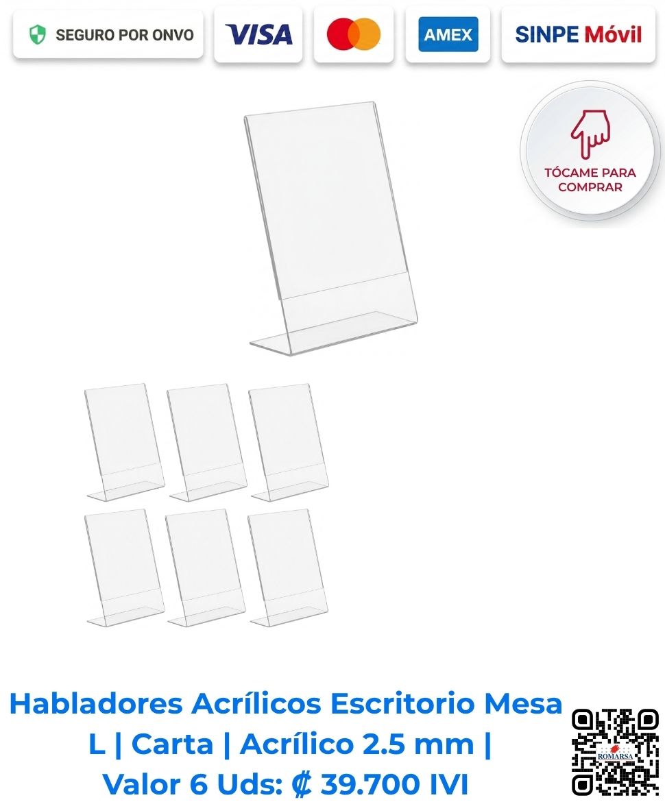 Habladores acrílicos portamenús tipo L carta en paquete de 6 unidades | Compra en línea con pago seguro | Romarsa, San José, Costa Rica.