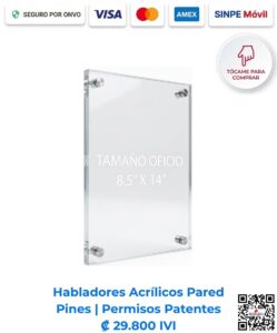 Habladores acrílicos para pared 22 x 35 con pines. Ideales para colocar permisos, patentes o títulos en general. Disponibles para compra en línea en Romarsa Costa Rica