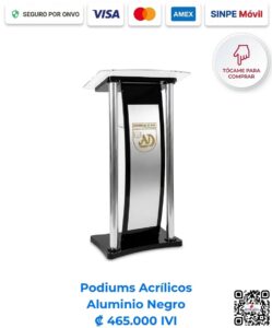 Podium o podio versión premium de acrílico y aluminio acabado negro para iglesias, salas de conferencias y charlas. Imagen E Commerce Romarsa en San José, Costa Rica.