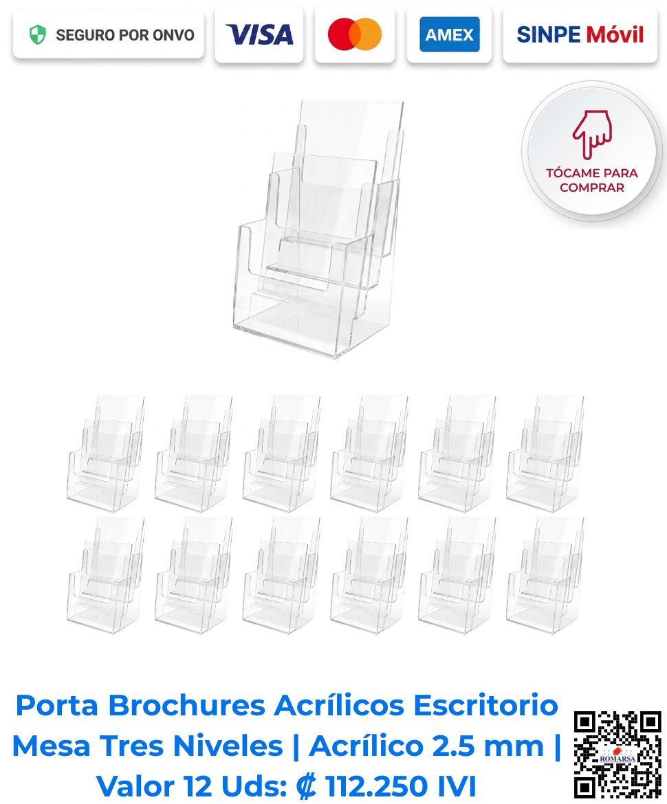 romarsa-porta-brochures-acrilicos-escritorio-mesa-tres-niveles-12-uds-14-x-44-costa-rica-e-commercecosta-rica Porta brochures acrílicos escritorio mesa 3 niveles 2.5 mm paquete 12 unidades. Ideales para ferias de empleo y bienes raíces. Disponibles para compra en línea en Romarsa San José Costa Rica