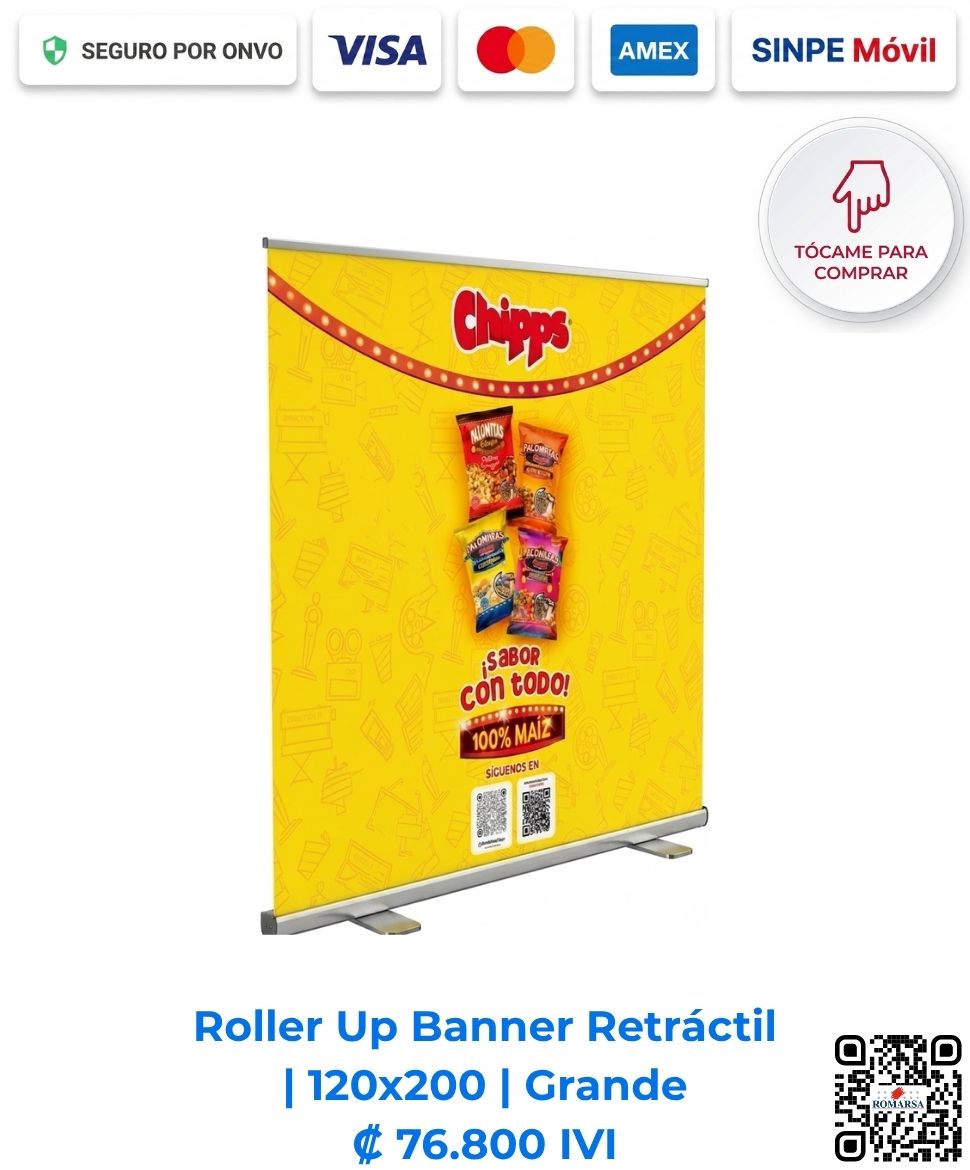 Roller Up Banner Retráctil 120x200 Grande. Estructura de aluminio con diseño publicitario full color a 1440 DPI (Calidad Fotográfica). Imagen E Commerce Romarsa en San José, Costa Rica.