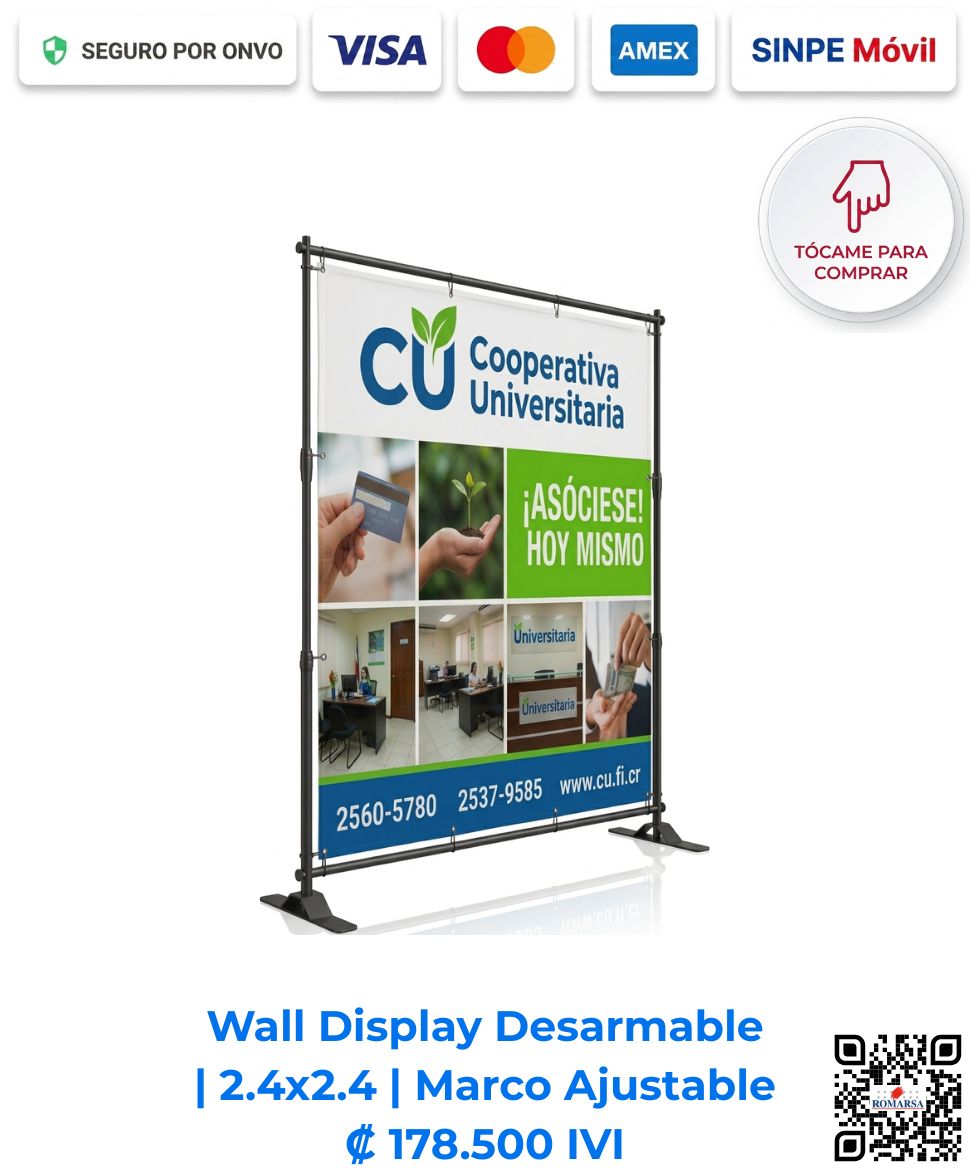 Wall Display Desarmable 2.4x2.4 Marco Ajustable. Pared gráfica con un diseño publicitario verde y azul full color a 1440 DPI (Calidad Fotográfica) de Cooperativa Universitaria. Imagen E Commerce Romarsa en San José, Costa Rica.