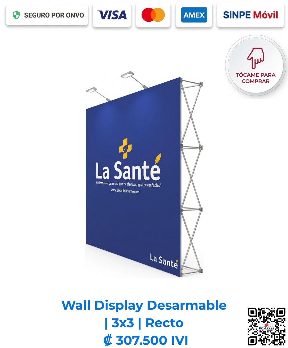 Wall Display Desarmable Pop Up | 3x3 | Recto. Pared gráfica con un diseño publicitario azúl y amarillo full color a 1440 DPI (Calidad Fotográfica) de La Santé. Imágen E Commerce Romarsa en San José, Costa Rica.