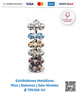 Exhibidor metálico de piso para balones de seis niveles 60x150 cm para la exhibición y organización de balones deportivos en tiendas de San José, Costa Rica. ¡Cotice el suyo hoy!