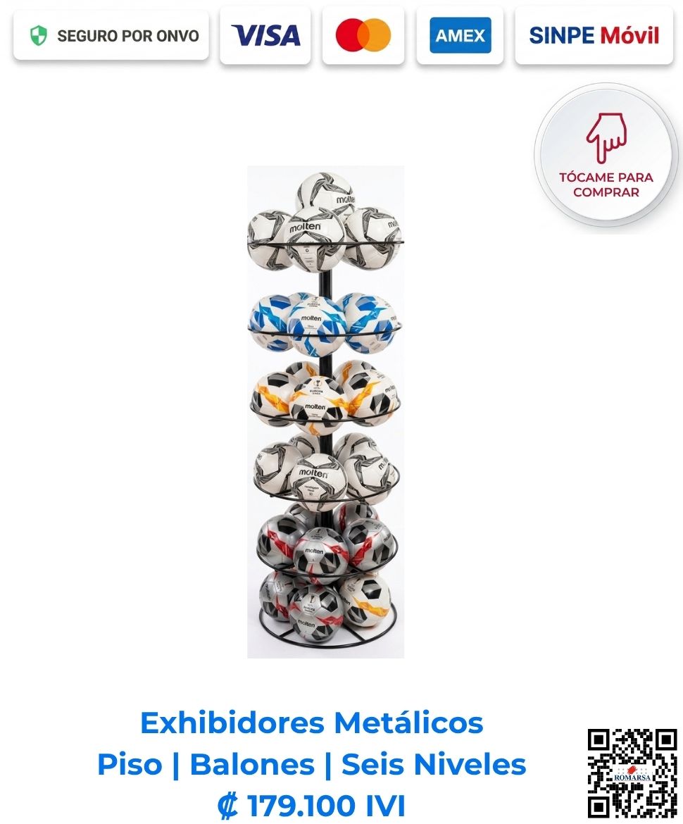 Exhibidor metálico de piso para balones de seis niveles 60x150 cm para la exhibición y organización de balones deportivos en tiendas de San José, Costa Rica. ¡Cotice el suyo hoy!