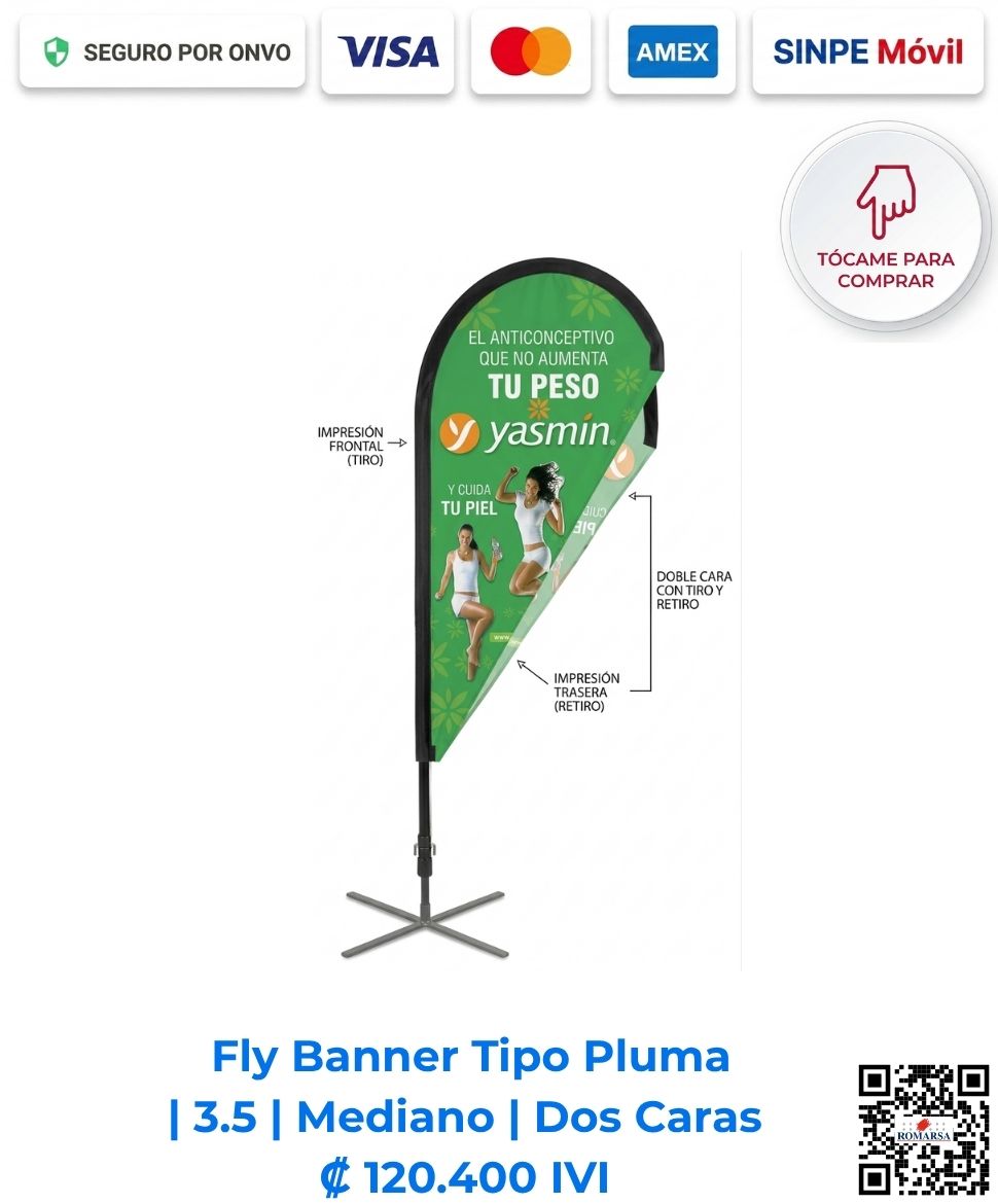 Fly Banner Tipo Pluma Publicitaria 3.5 Mediano Dos Caras (Tiro Retiro). Ideal para eventos inmobiliarios, ferias, activaciones de marca en general. Compra en línea, pago seguro en Romarsa Costa Rica.