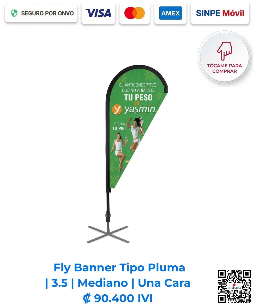 Fly Banner Tipo Pluma Publicitaria 3.5 Mediano Una Cara. Ideal para exhibición en ferias de autos, activaciones de marca y puntos de venta. Compra en línea, pago seguro en Romarsa Costa Rica.