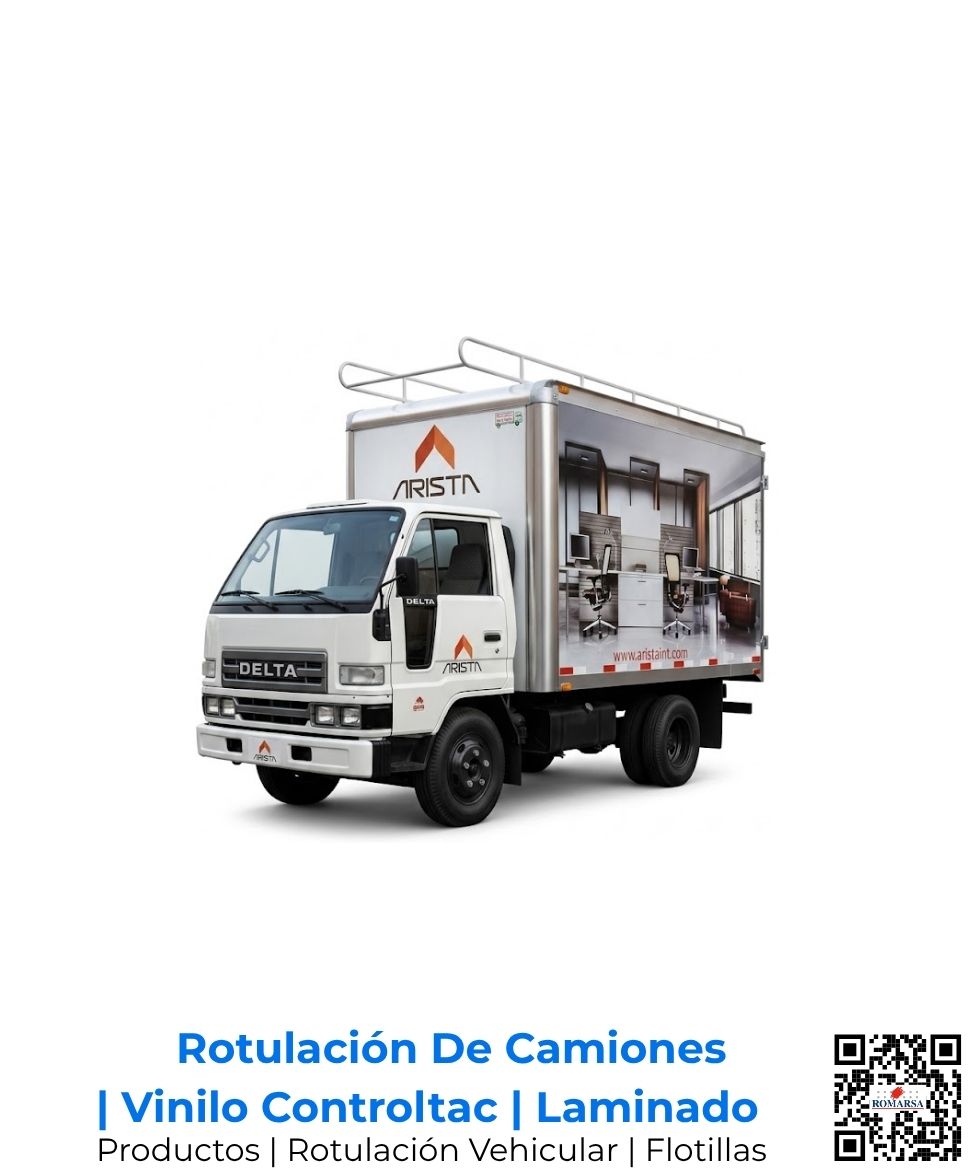 Rotulación de flotillas y forrado total de camión con vinilo premium de alta adherencia y laminado ultravioleta; publicidad de gran formato móvil para transporte de carga pesada por Romarsa en San José, Costa Rica y Centroamérica.