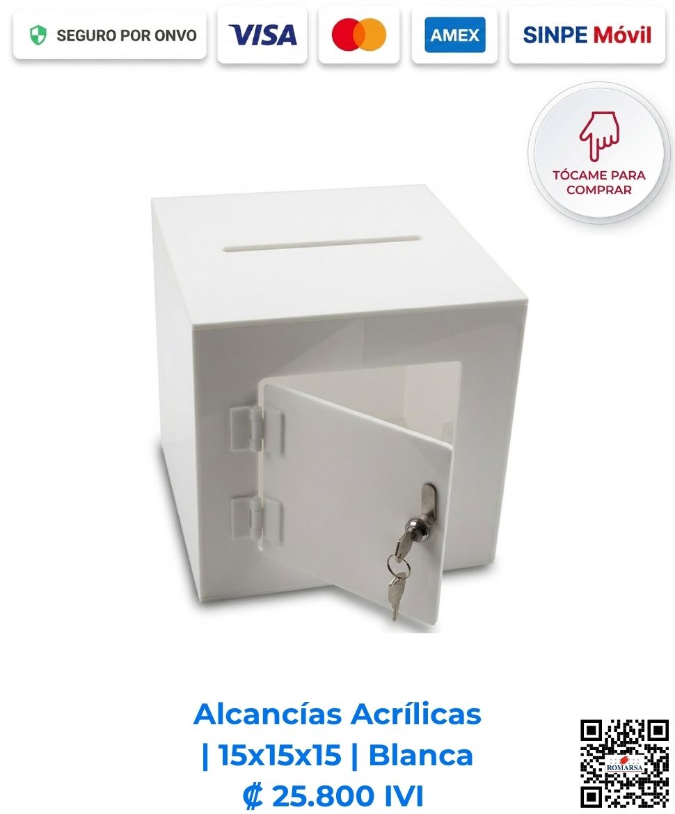 Alcancías Acrílicas 15x15x15 cm cuadradas Blanca. Perfectas para puntos de cobro en mostradores de comercios para depósitos discretos y fondos de ahorro. Elaboradas en acrílico de 2 mm blanco sólido con bisagras acrílicas, puerta y llavín. Compra en Línea Romarsa San José, Costa Rica.
