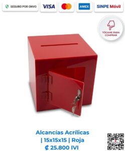 Alcancías Acrílicas 15x15x15 cm Roja. Llamativas para ubicar al lado de la caja registradora en tiendas para campañas de donación y dinámicas de cobro. Elaboradas en acrílico de 2 mm rojo resistente con bisagras acrílicas, puerta y llavín. Compra en Línea Romarsa San José, Costa Rica.