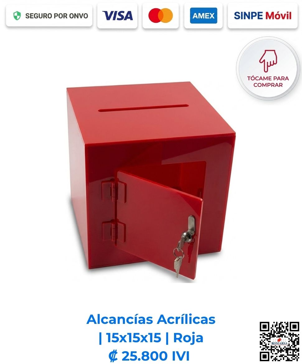 Alcancías Acrílicas 15x15x15 cm cuadradas Roja. Llamativas para ubicar al lado de la caja registradora en tiendas para campañas de donación y dinámicas de cobro. Elaboradas en acrílico de 2 mm rojo resistente con bisagras acrílicas, puerta y llavín. Compra en Línea Romarsa San José, Costa Rica.