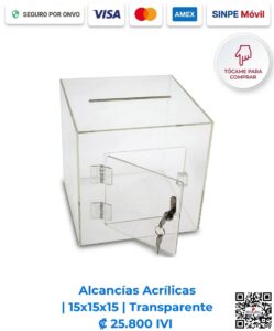 Alcancías Acrílicas 15x15x15 cm Transparente. Diseñadas para mostradores de pago, papelerías y supermercados para motivar el aporte visual directo en caja. Elaboradas en acrílico de 2 mm cristalino con bisagras acrílicas, puerta y llavín. Compra en Línea Romarsa San José, Costa Rica.