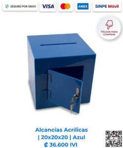 Alcancías Acrílicas 20x20x20 cm Azul. Diseñadas para áreas de atención y salas de espera para incentivar la participación. Elaboradas en acrílico de 2 mm azul con bisagras acrílicas, puerta y llavín. Compra en Línea Romarsa San José, Costa Rica.