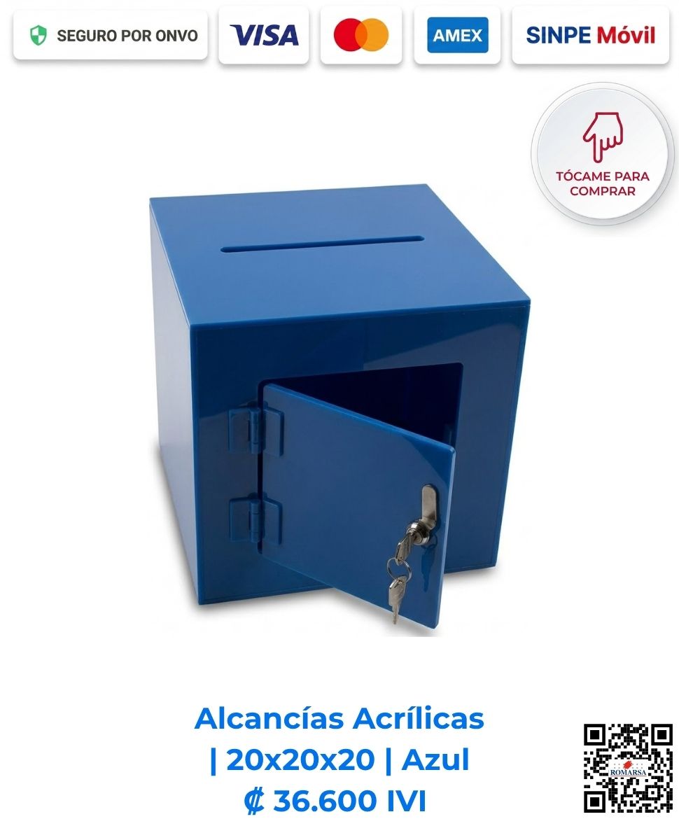 Alcancías Acrílicas 20x20x20 cm cuadradas Azul. Diseñadas para áreas de atención y salas de espera para incentivar la participación. Elaboradas en acrílico de 2 mm azul con bisagras acrílicas, puerta y llavín. Compra en Línea Romarsa San José, Costa Rica.