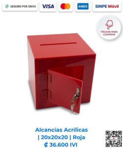 Alcancías Acrílicas 20x20x20 cm Roja. Diseñadas para consultorios y mostradores de atención para destacar la recaudación en caja. Elaboradas en acrílico de 2 mm rojo con bisagras acrílicas, puerta y llavín. Compra en Línea Romarsa San José, Costa Rica.