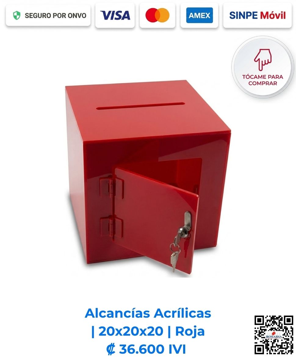 Alcancías Acrílicas 20x20x20 cm cuadradas Roja. Diseñadas para consultorios y mostradores de atención para destacar la recaudación en caja. Elaboradas en acrílico de 2 mm rojo con bisagras acrílicas, puerta y llavín. Compra en Línea Romarsa San José, Costa Rica.