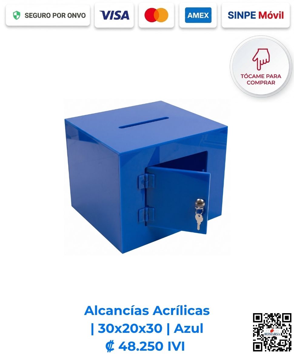 romarsa-alcancias-acrilicas-30x20x30-azul-costa-rica-e-commerce-ca Alcancías acrílicas 30x20x30 cm rectangulares azules. Diseñadas para áreas de atención y salas de espera para incentivar la participación. Elaboradas en acrílico azul de 2 mm con bisagras, puerta y llavín. Compra en línea, pago seguro Romarsa.