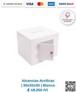 Alcancías acrílicas 30x20x30 cm rectangulares blancas. Diseñadas para recepciones y consultorios garantizando la privacidad del contenido. Elaboradas en acrílico blanco de 2 mm sólido con bisagras, puerta y llavín. Compra en línea, pago seguro Romarsa.