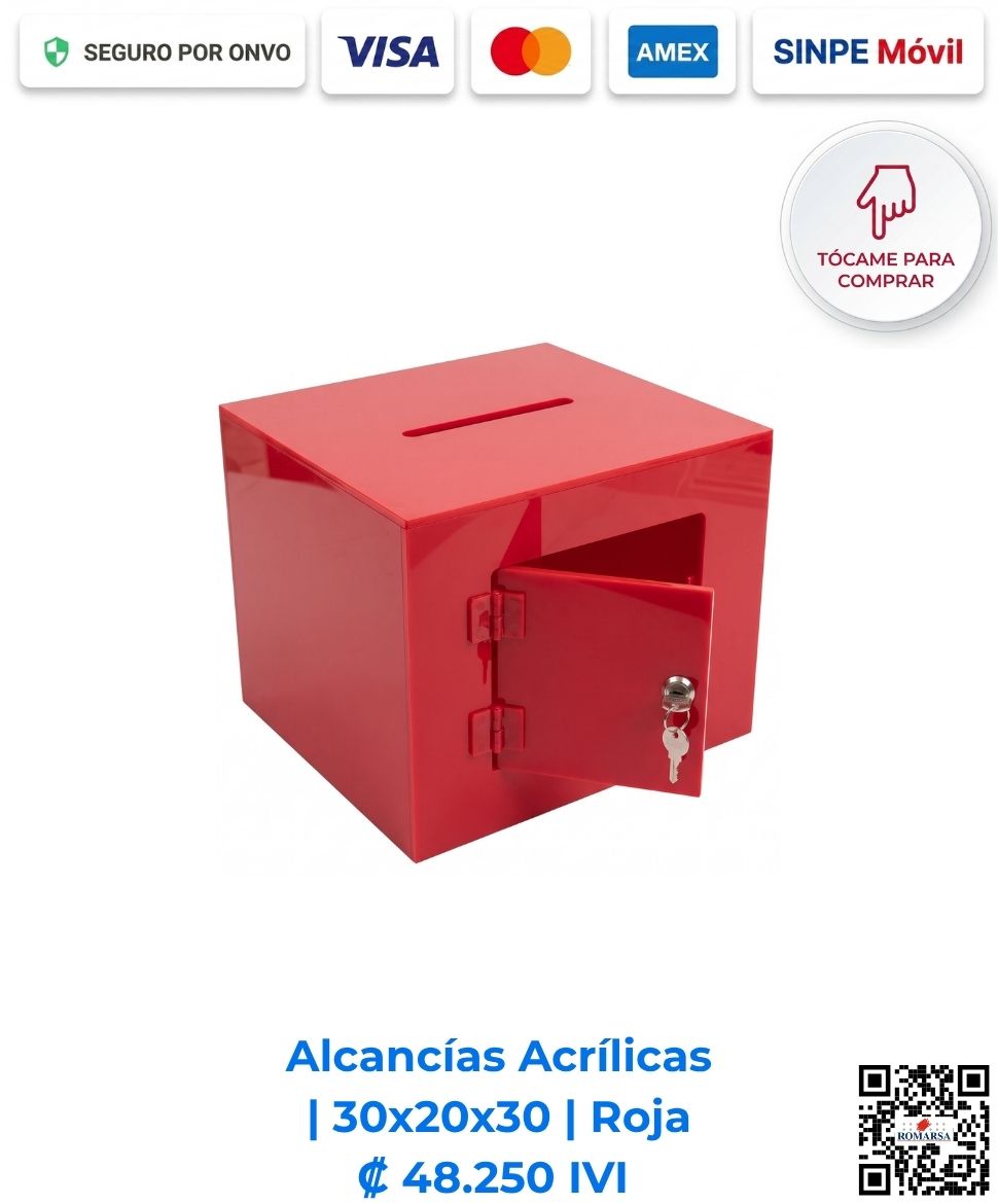 romarsa-alcancias-acrilicas-30x20x30-roja-costa-rica-e-commerce-ca Alcancías acrílicas 30x20x30 cm rectangulares rojas. Diseñadas para consultorios y mostradores de atención para destacar la recaudación con estilo. Elaboradas en acrílico rojo de 2 mm con bisagras, puerta y llavín. Compra en línea, pago seguro Romarsa.