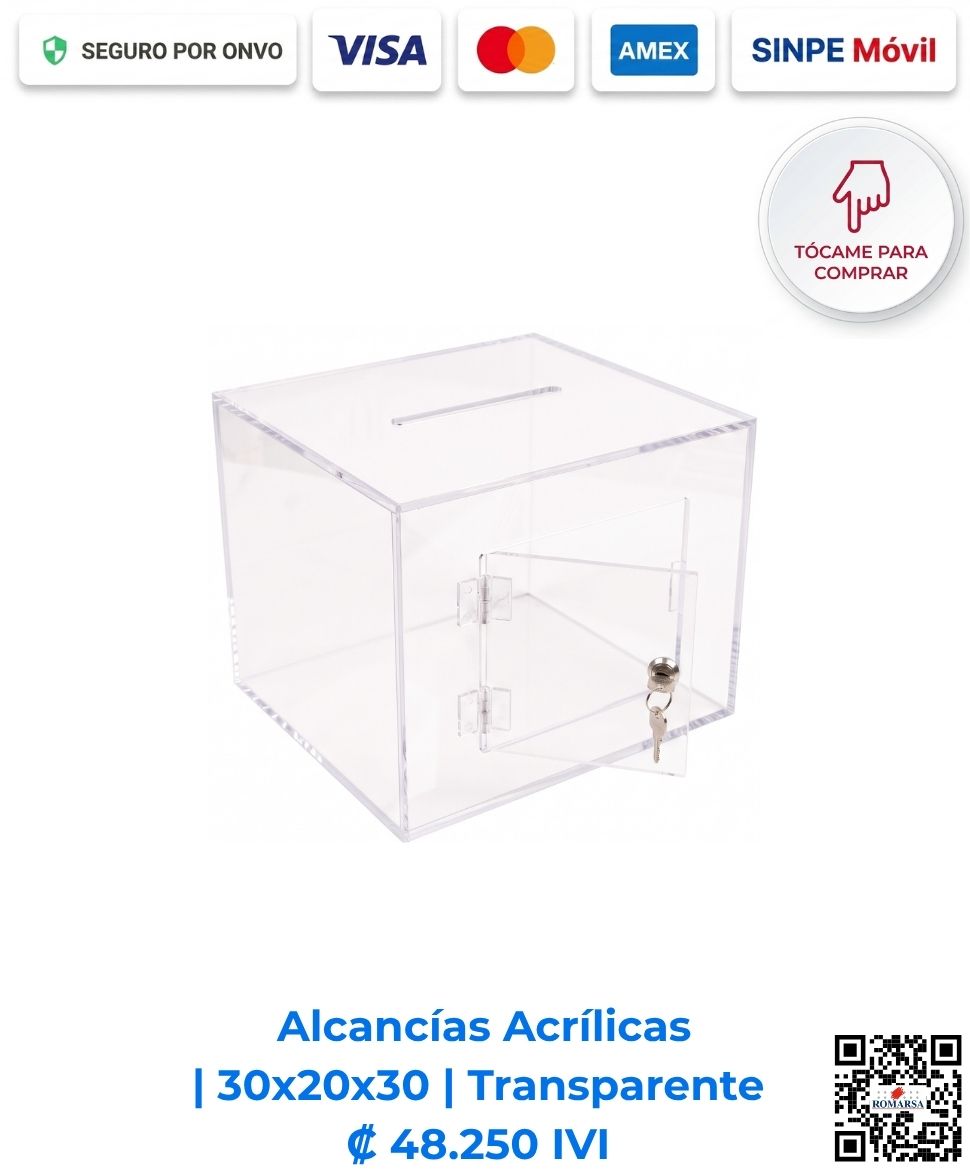 romarsa-alcancias-acrilicas-30x20x30-transparente-costa-rica-ca Alcancías acrílicas 30x20x30 cm rectangulares transparentes. Diseñadas para recepciones, clínicas y espacios comerciales con alta visibilidad y seguridad. Elaboradas en acrílico de 2 mm con bisagras, puerta y llavín. Compra en línea, pago seguro Romarsa.