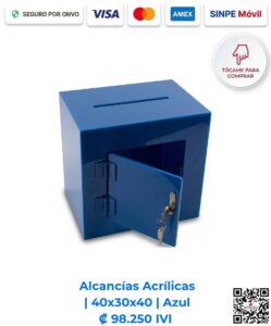 Alcancías acrílicas 40x30x40 cm rectangulares azules. Diseñadas para sorteos, activaciones comerciales incentivando la participación. Elaboradas en acrílico azul de 4 mm con bisagras, puerta y llavín. Compra en línea, pago seguro Romarsa.