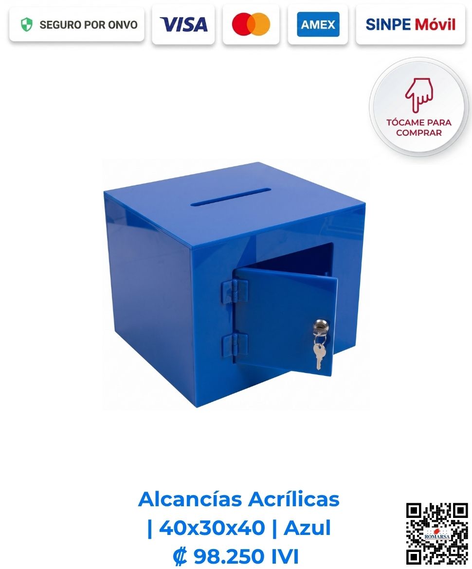 romarsa-alcancias-acrilicas-40x30x40-azul-costa-rica-e-commerce-ca Alcancías acrílicas 40x30x40 cm rectangulares azules. Diseñadas para sorteos, activaciones comerciales incentivando la participación. Elaboradas en acrílico azul de 4 mm con bisagras, puerta y llavín. Compra en línea, pago seguro Romarsa.