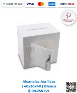 Alcancías acrílicas 40x30x40 cm rectangulares blancas. Diseñadas para sorteos, activaciones comerciales garantizando la privacidad del contenido. Elaboradas en acrílico blanco de 4 mm sólido con bisagras, puerta y llavín. Compra en línea, pago seguro Romarsa.