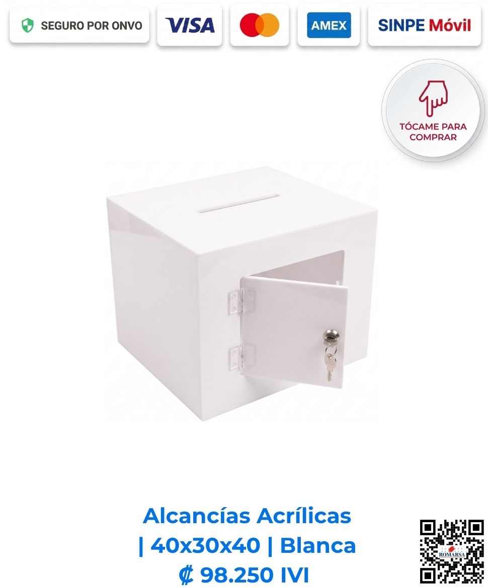 romarsa-alcancias-acrilicas-40x30x40-blanca-costa-rica-e-commerce-ca Alcancías acrílicas 40x30x40 cm rectangulares blancas. Diseñadas para sorteos, activaciones comerciales garantizando la privacidad del contenido. Elaboradas en acrílico blanco de 4 mm sólido con bisagras, puerta y llavín. Compra en línea, pago seguro Romarsa.