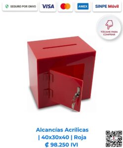 Alcancías acrílicas 40x30x40 cm rectangulares rojas. Diseñadas para sorteos, activaciones comerciales, destacando la recaudación con estilo. Elaboradas en acrílico rojo de 4 mm con bisagras, puerta y llavín. Compra en línea, pago seguro Romarsa.