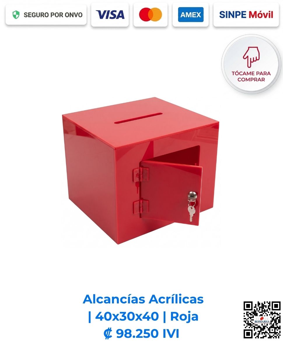 romarsa-alcancias-acrilicas-40x30x40-roja-costa-rica-e-commerce-ca Alcancías acrílicas 40x30x40 cm rectangulares rojas. Diseñadas para sorteos, activaciones comerciales, destacando la recaudación con estilo. Elaboradas en acrílico rojo de 4 mm con bisagras, puerta y llavín. Compra en línea, pago seguro Romarsa.