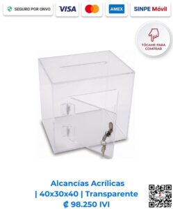 Alcancías acrílicas 40x30x40 cm rectangulares transparentes. Diseñadas para sorteos, activaciones comerciales y espacios comerciales con alta visibilidad y seguridad. Elaboradas en acrílico de 4 mm con bisagras, puerta y llavín. Compra en línea, pago seguro Romarsa.