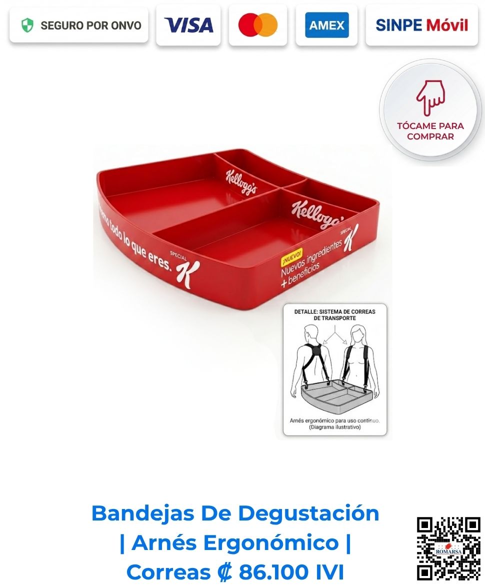 Bandeja De Degustación Arnés Ergonómico. Bandeja portátil con sistema de correas. PVC color rojo dividido en tres espacios con el logotipo impreso de Kellogg's. Compre en línea con pago seguro en Romarsa Costa Rica.