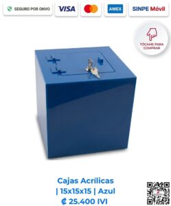 Cajas Acrílicas 15x15x15 cm Azul. Diseñadas para mostradores de pago, recepciones y comercios para exhibición y resguardo compacto de objetos. Elaboradas en acrílico de 2 mm azul con bisagras acrílicas, puerta y llavín. Compra en Línea Romarsa San José, Costa Rica.