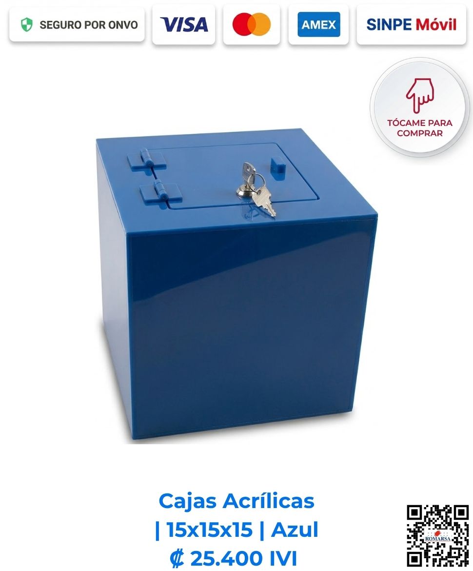 romarsa-cajas-acrilicas-15x15x15-azul-costa-rica-e-commerce Cajas Acrílicas 15x15x15 cm cuadradas azules. Diseñadas para mostradores de pago, recepciones y comercios para exhibición y resguardo compacto de objetos. Elaboradas en acrílico de 2 mm azul con bisagras acrílicas, puerta y llavín. Compra en Línea Romarsa San José, Costa Rica.