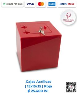 Cajas Acrílicas 15x15x15 cm Roja. Diseñadas para mostradores de pago, recepciones y comercios para exhibición y resguardo compacto de objetos. Elaboradas en acrílico de 2 mm rojo con bisagras acrílicas, puerta y llavín. Compra en Línea Romarsa San José, Costa Rica.