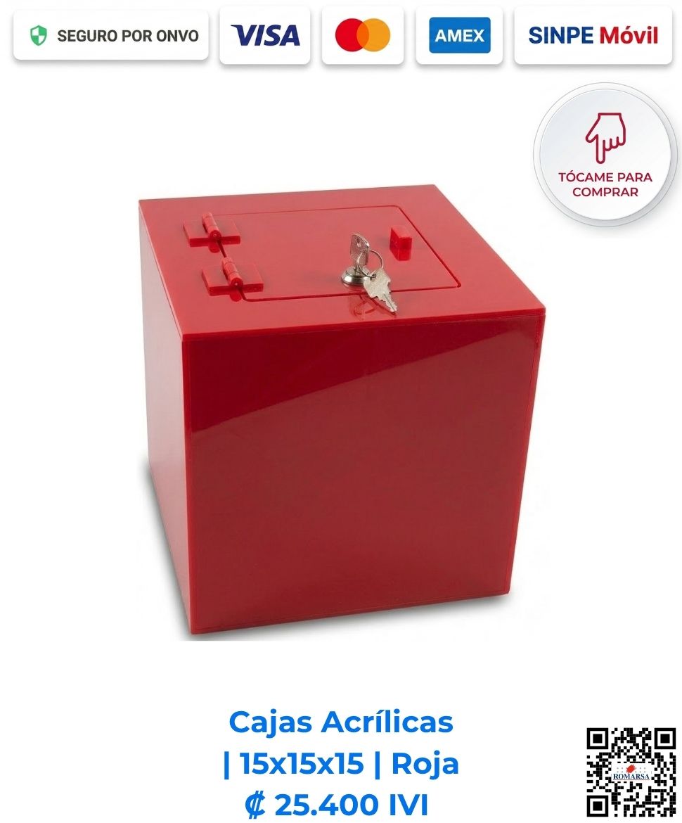 romarsa-cajas-acrilicas-15x15x15-roja-costa-rica-e-commerce Cajas Acrílicas 15x15x15 cm cuadradas rojas. Diseñadas para mostradores de pago, recepciones y comercios para exhibición y resguardo compacto de objetos. Elaboradas en acrílico de 2 mm rojo con bisagras acrílicas, puerta y llavín. Compra en Línea Romarsa San José, Costa Rica.