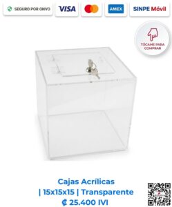 Cajas Acrílicas 15x15x15 cm Transparente. Diseñadas para mostradores de pago, recepciones y comercios para exhibición y resguardo compacto de objetos. Elaboradas en acrílico de 2 mm cristalino con bisagras acrílicas, puerta y llavín. Compra en Línea Romarsa San José, Costa Rica.