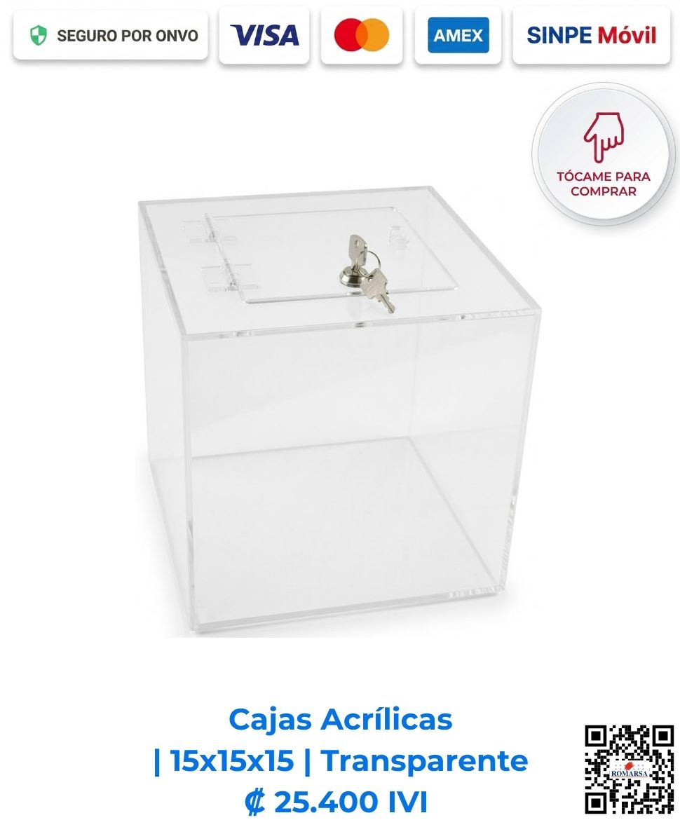 romarsa-cajas-acrilicas-15x15x15-transparente-costa-rica-e-commerce Cajas Acrílicas 15x15x15 cm cuadradas transparentes. Diseñadas para mostradores de pago, recepciones y comercios para exhibición y resguardo compacto de objetos. Elaboradas en acrílico de 2 mm cristalino con bisagras acrílicas, puerta y llavín. Compra en Línea Romarsa San José, Costa Rica.