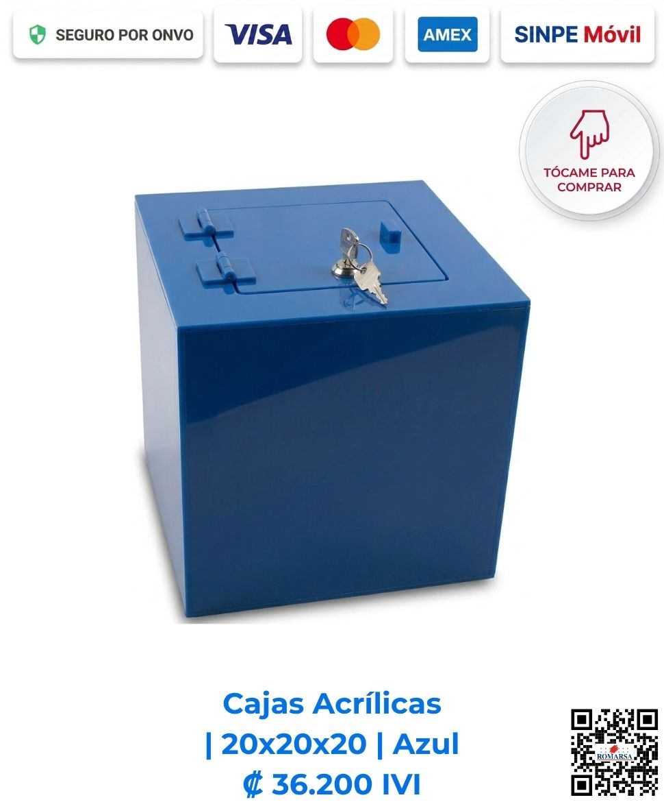 romarsa-cajas-acrilicas-20x20x20-azul-costa-rica-e-commerce Cajas Acrílicas 20x20x20 cm cuadradas azules. Diseñadas para mostradores de pago, recepciones y comercios que requieren exhibición y resguardo. Elaboradas en acrílico de 2 mm azul con bisagras acrílicas, puerta y llavín. Compra en Línea Romarsa San José, Costa Rica.