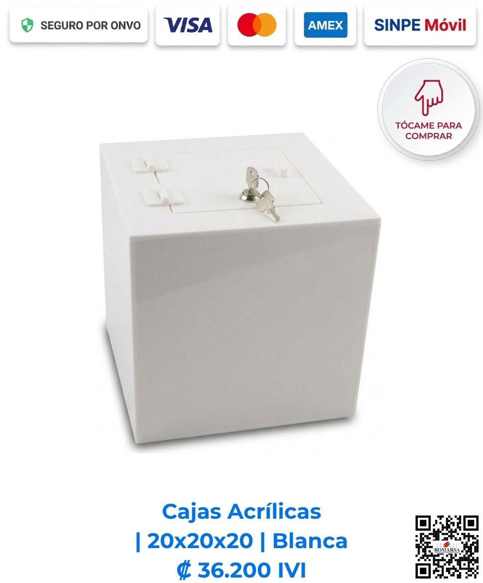 romarsa-cajas-acrilicas-20x20x20-blanca-costa-rica-e-commerce Cajas Acrílicas 20x20x20 cm cuadradas blancas. Diseñadas para mostradores de pago, recepciones y comercios que requieren exhibición y resguardo. Elaboradas en acrílico de 2 mm blanco con bisagras acrílicas, puerta y llavín. Compra en Línea Romarsa San José, Costa Rica.
