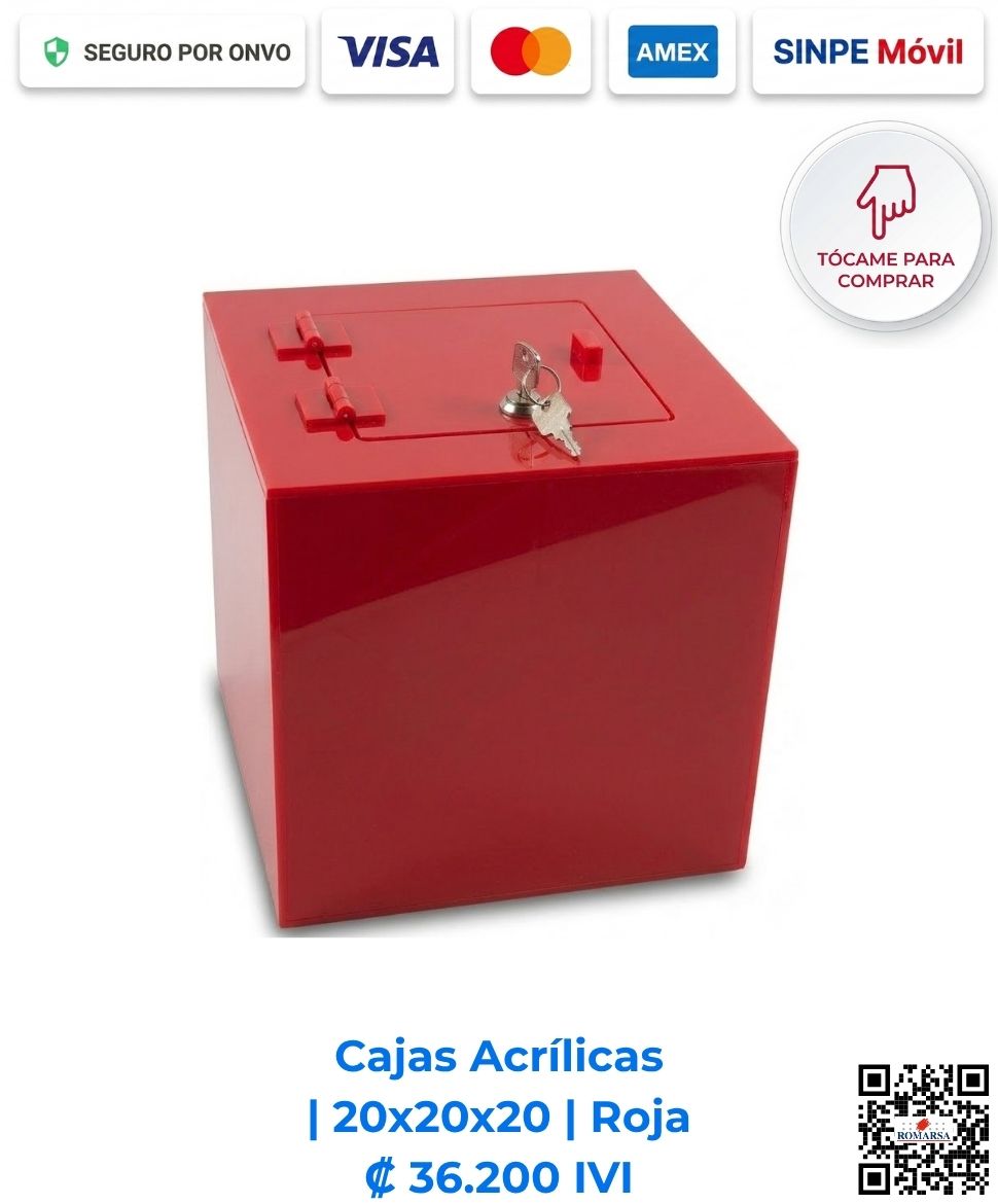 romarsa-cajas-acrilicas-20x20x20-roja-costa-rica-e-commerce Cajas Acrílicas 20x20x20 cm cuadradas rojas. Diseñadas para mostradores de pago, recepciones y comercios que requieren exhibición y resguardo. Elaboradas en acrílico de 2 mm rojo con bisagras acrílicas, puerta y llavín. Compra en Línea Romarsa San José, Costa Rica.