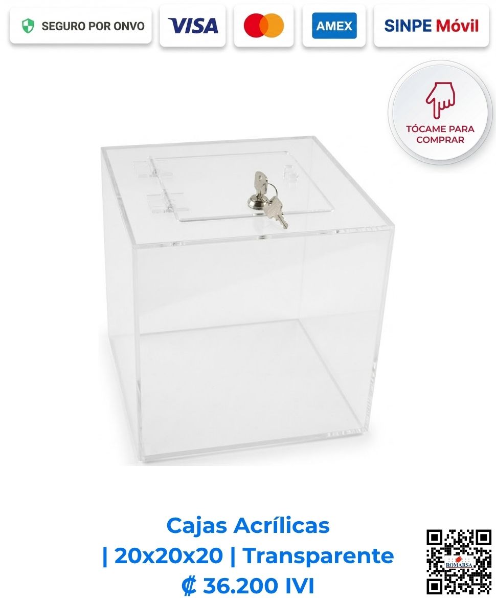 romarsa-cajas-acrilicas-20x20x20-transparente-costa-rica-e-commerce Cajas Acrílicas 20x20x20 cm cuadradas transparentes. Diseñadas para mostradores de pago, recepciones y comercios que requieren exhibición y resguardo. Elaboradas en acrílico de 2 mm cristalino con bisagras acrílicas, puerta y llavín. Compra en Línea Romarsa San José, Costa Rica.