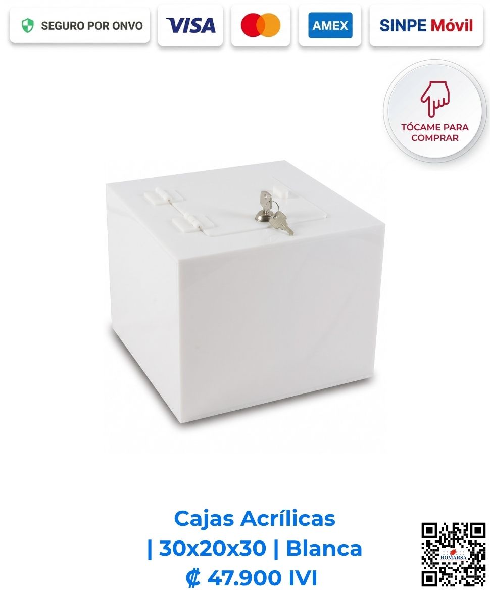 romarsa-cajas-acrilicas-30x20x30-blanca-costa-rica-e-commerce Cajas acrílicas 30x20x30 cm rectangulares blancas. Diseñadas para mostradores de pago, recepciones y comercios que requieren resguardo. Elaboradas en acrílico blanco de 2 mm con bisagras, puerta y llavín. Compra en línea, pago seguro Romarsa.