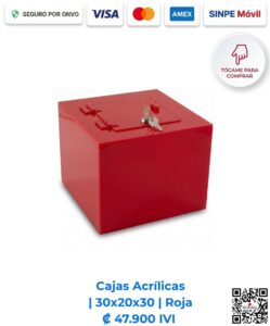 Cajas acrílicas 30x20x30 cm rectangulares rojas. Diseñadas para mostradores de pago, recepciones y comercios que requieren resguardo. Elaboradas en acrílico rojo de 2 mm con bisagras, puerta y llavín. Compra en línea, pago seguro Romarsa.